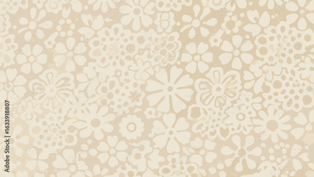 Poster floral pattern with light beige background featuring a variety of flower shapes and sizes evenly dis