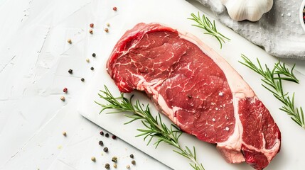 Fototapeta premium Fresh Steak Laid on a Spotless White Cutting Board – A Prime Cut Glistening with Juices, Ready for Seasoning in a Bright Kitchen
