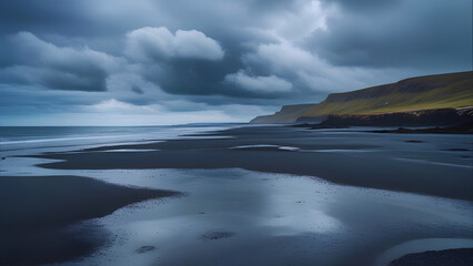 Moody seascape featuring a black sand beach reflecting the dramatic, cloudy sky and distant cliffs along the coastline.