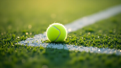 Sport Equipment Grass court detail with fresh ball mark near baseline dew visible and texture sharp in morning light ideal for serene outdoor tennis (1)