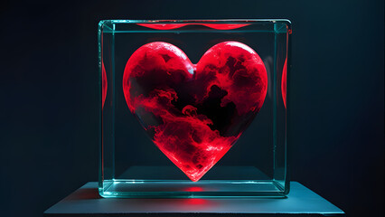 Red heart encased in a glass cube, illuminated from within, showcasing intricate patterns.