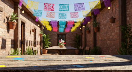Fototapeta premium Rustic Mexican Fiesta Patio: Vibrant Papel Picado Decor, Wooden Table, Festive Atmosphere, Product Placement Ready.