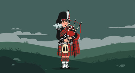 Scottish Piper Playing Bagpipes In Highlands Landscape Cartoon Illustration