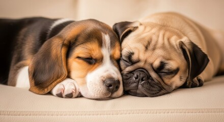 A beagle puppy and a pug puppy are sleeping next to each other on a cream colored surface indoors