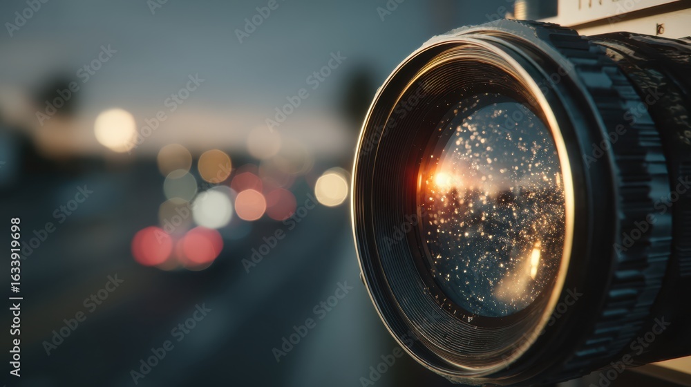 Poster a close-up of a camera lens reflecting light and displaying blurred bokeh, conveying a sense of moti