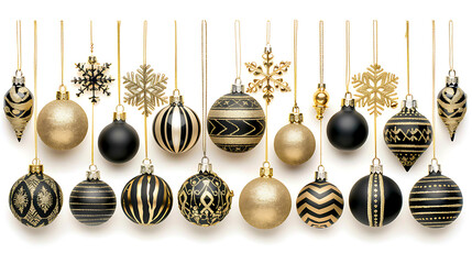 Set of black and gold Christmas toys on a white background, festive New Year decorations