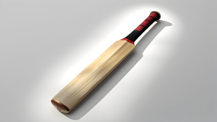 Sport Equipment Isolated cricket bat laid flat with handle wrap texture visible shown from 34 view angle on white background with gentle shadow underneath