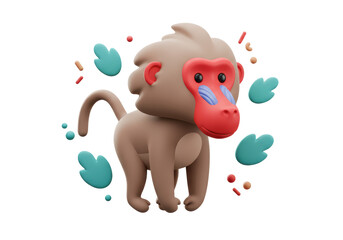 Isolated 3D Render of a Colorful Cartoon Baboon with Decorative Elements