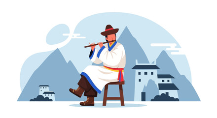 Serene Flutist In Traditional Attire Enjoys Mountainous Vista Illustration