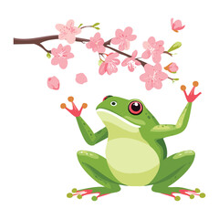 Funny Frog Under A Cherry Blossom Flower Branch