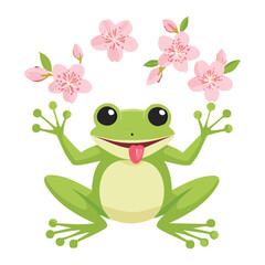 Happy Frog Waving Hands With Sakura Petals