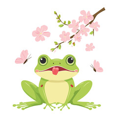 Cute Frog Under Cherry Blossom Branch With Butterfly