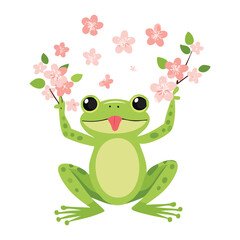 Cute Frog Waving And Playing With Flowers