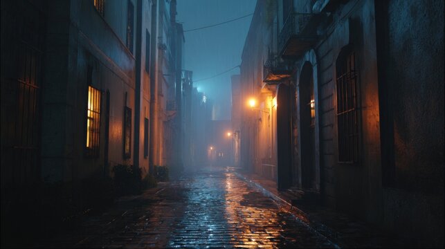 Rainy Night on Cobblestone Street Old City Alleyway Dimly Lit Buildings