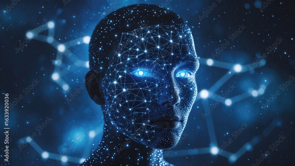 Poster a captivating digital portrait of a figure with a patterned face against a dark cosmic backdrop, wit