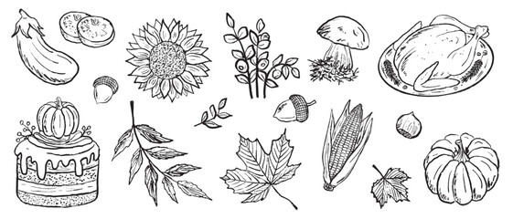 Autumn fall season, traditional holidays meals in black brush stroke texture isolated on white. Hand drawn vector sketch illustration in vintage charcoal ink. Thanksgiving day banner