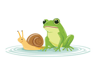Happy Frog Mascot Riding A Snail In Water