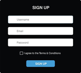 Sign up form with username, email, and password fields for account registration, terms and conditions checkbox and submit button included