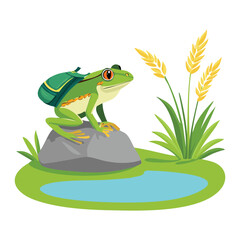 Frog Character With A Backpack On A Rock