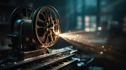 Obraz premium A vintage film projector casts light across a dimly lit room, highlighting its intricate gears and vintage design.