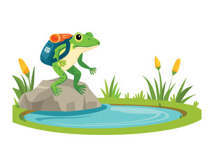 Frog Character With a Backpack On A Rock