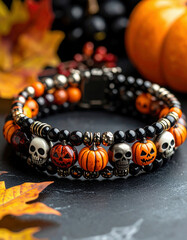 A festive Halloween-themed beaded bracelet featuring skulls, pumpkins, and black-orange beads lies on a dark surface surrounded by autumn leaves and pumpkins.
