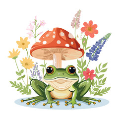 Happy Frog Character Beside A Red Mushroom