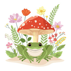 Cute Frog Character Beside a Mushroom