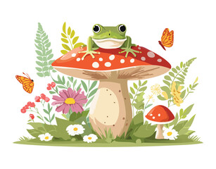 Cute Frogs On a Mushroom With Butterflies