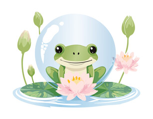 Frog Character Inside A Glass Bubble In A Pond