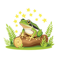 Happy Frog Character On A Log With Stars