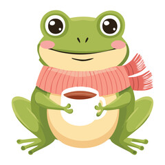Happy Frog Character With Scarf Holding Cup