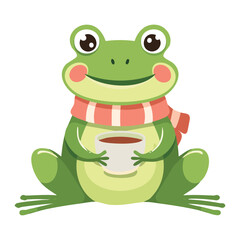 Cute Frog Character Drinking Coffee With Scarf