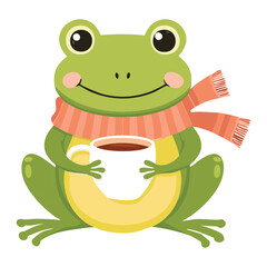 Cute Frog Character Drinking Coffee With Scarf