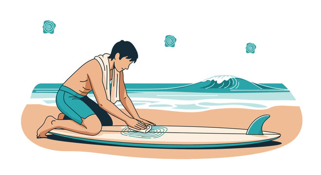Surfer Cleans His Surfboard On The Beach Before Riding The Wave
