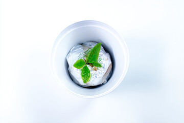 a white bowl with a small plant in it