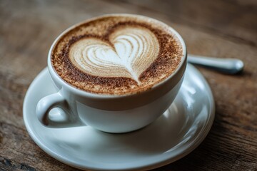 Heart-shaped latte art on a wooden table