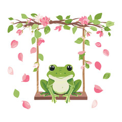 Cute Frog Sitting On A Swing With Flowers