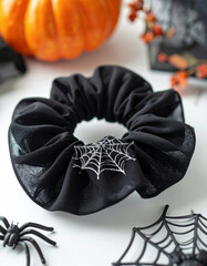 A black fabric scrunchie decorated with a silver spiderweb design lies on a white surface, surrounded by pumpkins, spiders, and autumn leaves.