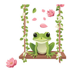 Green Frog on a Swing with Falling Petals