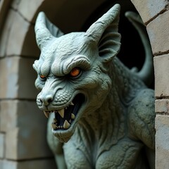 Fototapeta premium Stone Gargoyle Statue Guardian on Dark Background