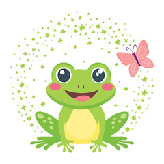 Happy Frog Character with Big Smile and Butterflies