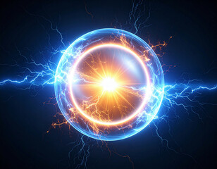 A glowing energy sphere radiates electric blue and fiery orange currents in a dark space, symbolizing raw power, atomic force, or futuristic energy.