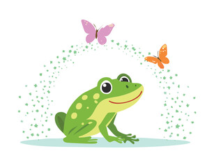Green Frog Character with Pink Butterflies Flying