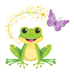 Cheerful Frog with Flying Butterflies and Sparkles