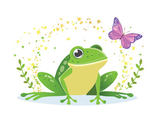 Happy Frog with a Butterfly and Plants