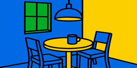 Colorful pop style interior artwork with bold table and chair setup.