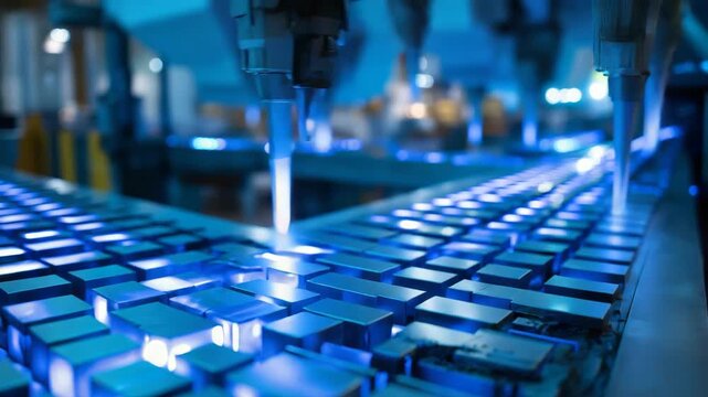 Close-up of industrial neodymium magnets production line in factory, glowing electric blue lighting, modern industrial concept, rare earth supply chain