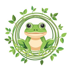 Happy Frog with Big Eyes in a Leafy Wreath