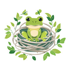 Green Frog Sitting in a Nest with Leaves